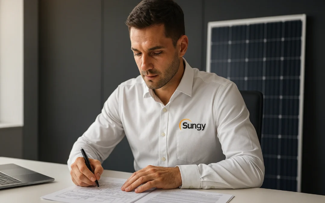 Ingeniero fotovoltaico de Sungy revisando documentación técnica para la legalización de una instalación solar en 2025