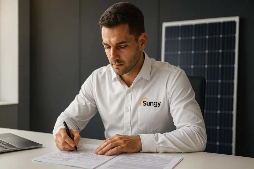 Ingeniero fotovoltaico de Sungy revisando documentación técnica para la legalización de una instalación solar en 2025
